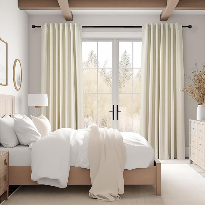Topfinel Cream Black Out Curtains 96 Inch Long, 100% Blackout Thermal Insulated Natural Linen Pinch Pleat Viral Drapes with Hooks 2 Panel Sets, Burlap 8FT Back Tab Curtains for Living Room Bedroom