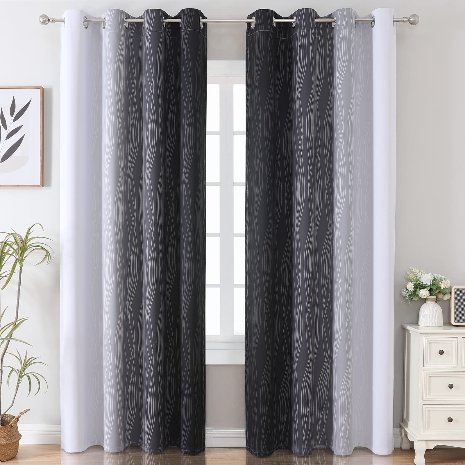 Black and Greyish White Ombre Blackout Curtains for Bedroom 52x96 Inch Long