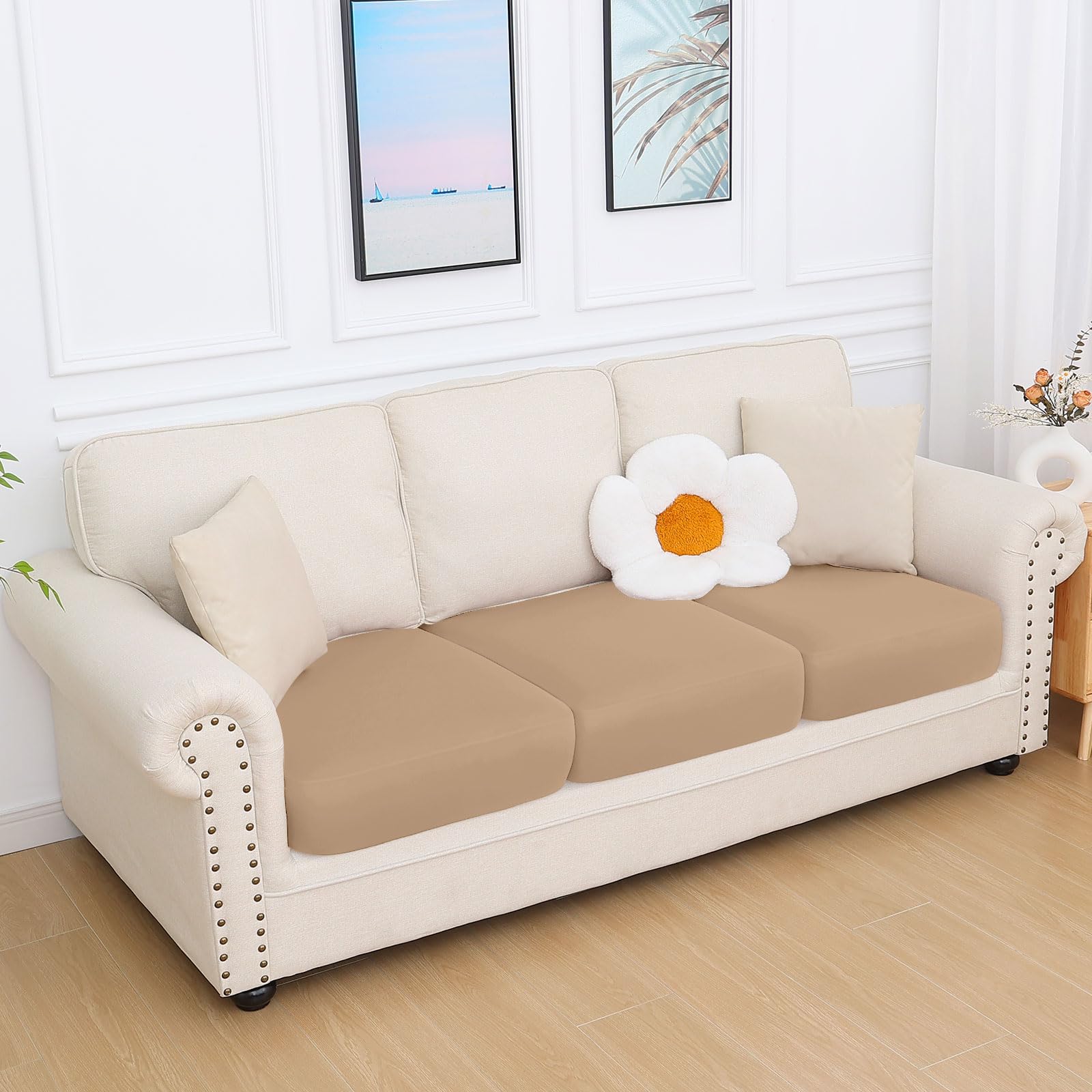 hyha Milk Silk Couch Cushion Covers, Sofa Covers for 3 Cushion Couch