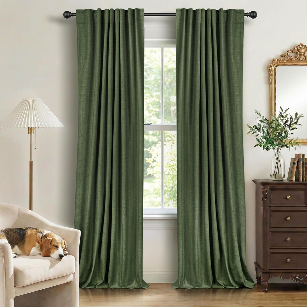 Faux Linen Total Blackout Curtains for Bedroom 102 Inches Long, Moss Green