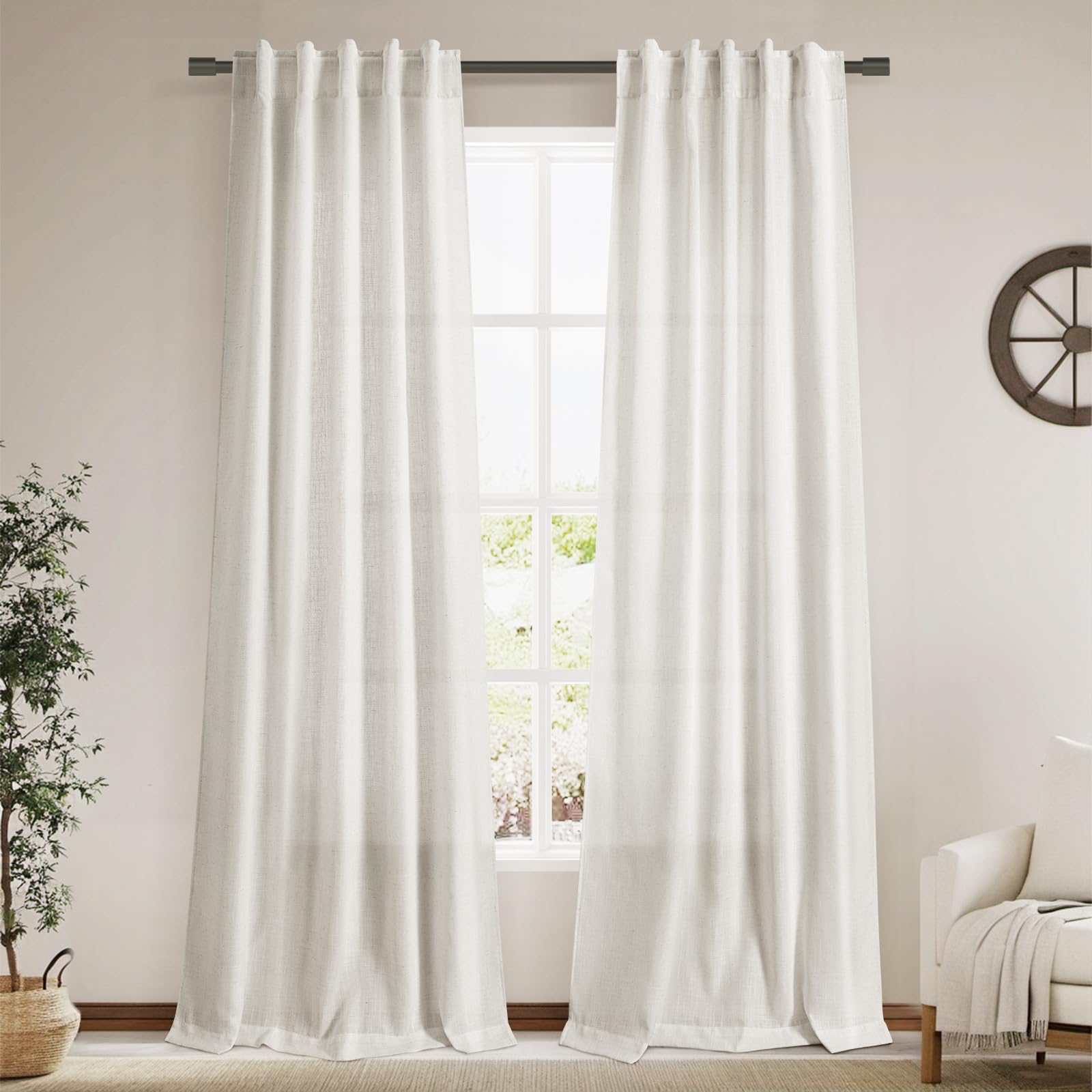 Cream Semi Sheer Linen Curtains 102 Inch Long Curtains Back Tab Rod Pocket 2 Panels Set Natural Elegant Living Room Decor Sunlight Filtering Solid Color Drapes for High Window 40x102