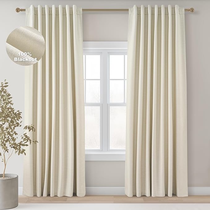 Topfinel 94 Inches Long Cream Colored Custom Blackout Linen Curtains, Ivory Pinch Pleated Noise Cancelling Curtains with Pin Hooks for Traverse, Burlap Viral Drapes 2 Panels for Living Room Bedroom