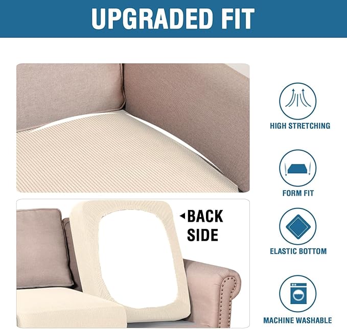 H.VERSAILTEX Super Stretch Individual Seat Cushion Covers Sofa Covers Couch Covers Slipcover Sets Thick Jacquard Textured Twill Fabric (2 Piece Large Sofa Cushion Covers, Cream)