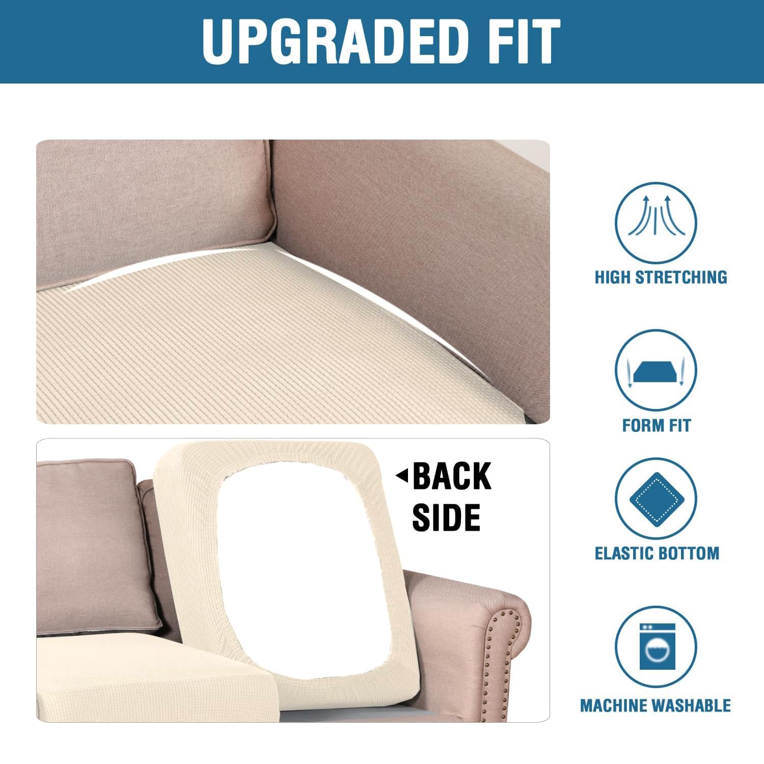 H.VERSAILTEX Super Stretch Individual Seat Cushion Covers Sofa Covers Couch Covers Slipcover Sets Thick Jacquard Textured Twill Fabric (2 Piece Large Sofa Cushion Covers, Cream)