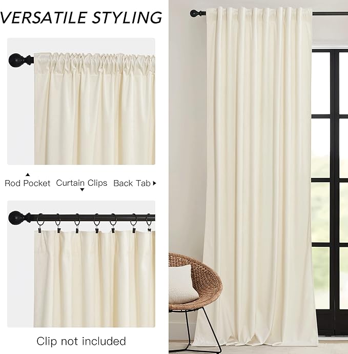 RYB HOME Cream Velvet Curtains 96 inches for Bedroom Living Room