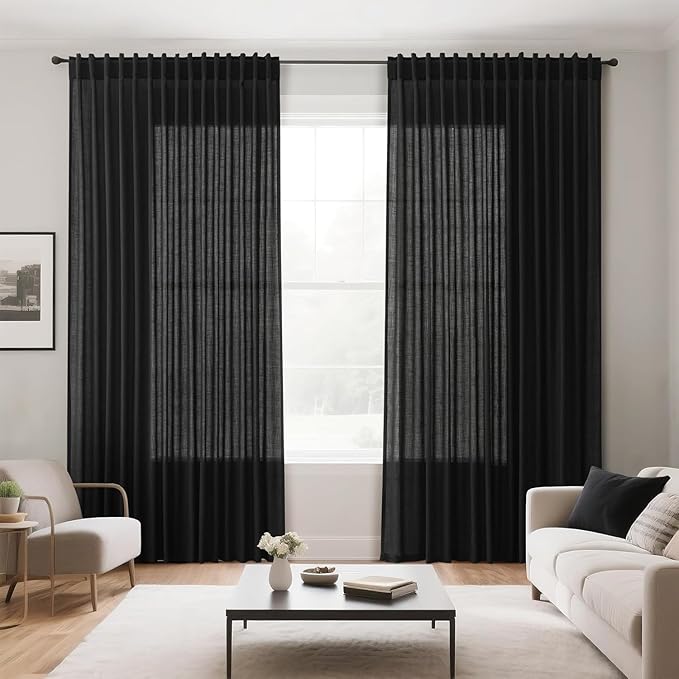 Nanspring Black Linen Curtains 63 inches Long for Bedroom Back Tab Sheer Black Curtains Modern Farmhouse Coastal Decor Cotton Textured Gauze Curtain for Bathroom 2 Panel Set 52x63