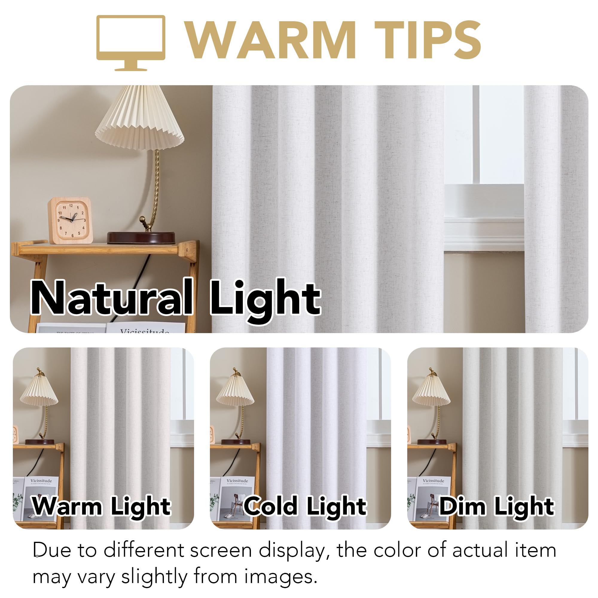 H.VERSAILTEX Linen Curtains 100% Blackout Curtains for Bedroom 96 inch Long Full Light Blocking Nature Linen Blended Window Curtains for Living Room Nickel Grommet (2 Panels, Heathered White)
