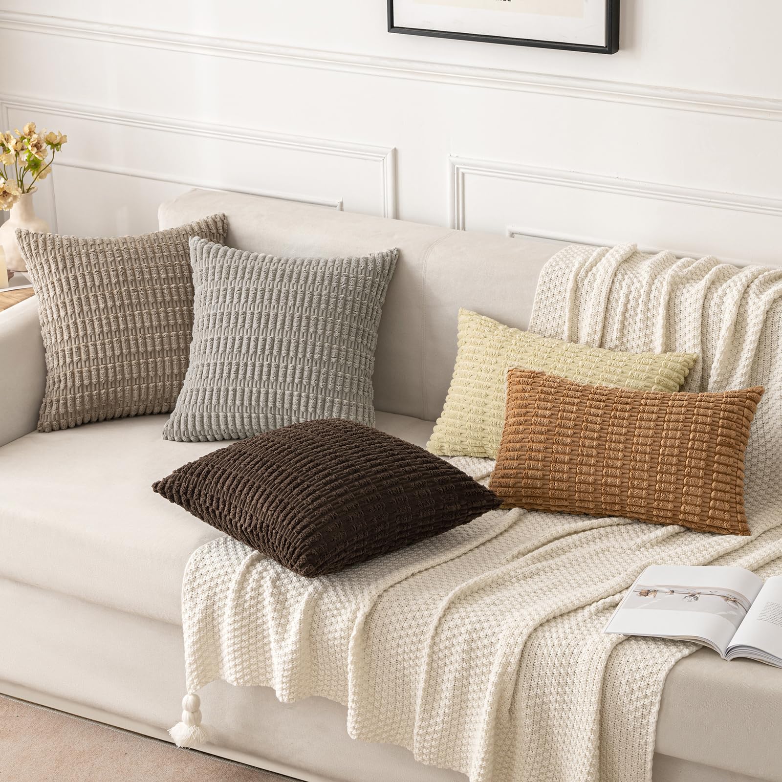 MIULEE Lumbar Corduroy Decorative Throw Pillow Covers 12x20 Brown Pack of 2