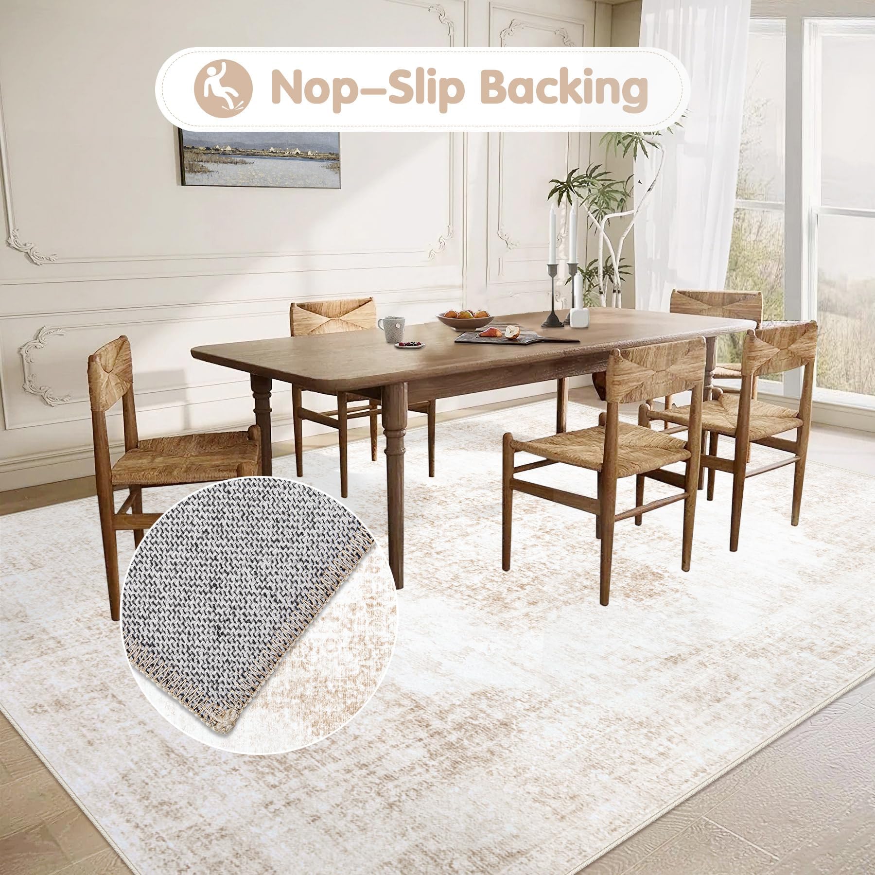 Area Rug 5x7 Vintage Rug: Washable Living Room Rugs Retro Medallion Distressed Large Rugs Soft Low Pile Non-Slip Indoor Floor Carpet for Bedroom Kitchen Nursery Dining Table Office (Beige, 5'x7')