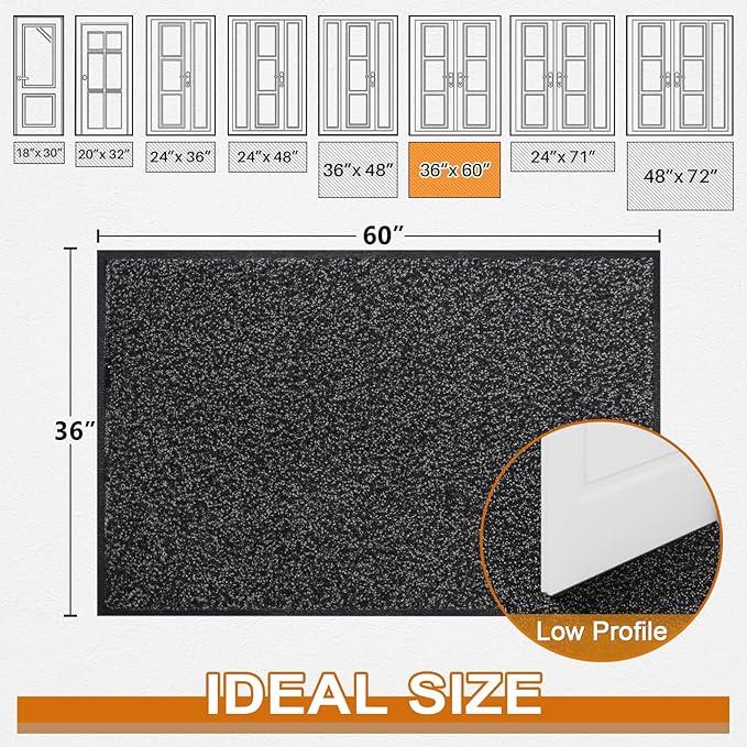 Mibao Super Absorbent Front Door Mat, 60" x 36", Non-Slip Washable Indoor Doormats, Low Profile Entryway Rug Outdoor, Dirt Resistant Welcome Mats for Front and Back Door Entrance, Anthracite Black