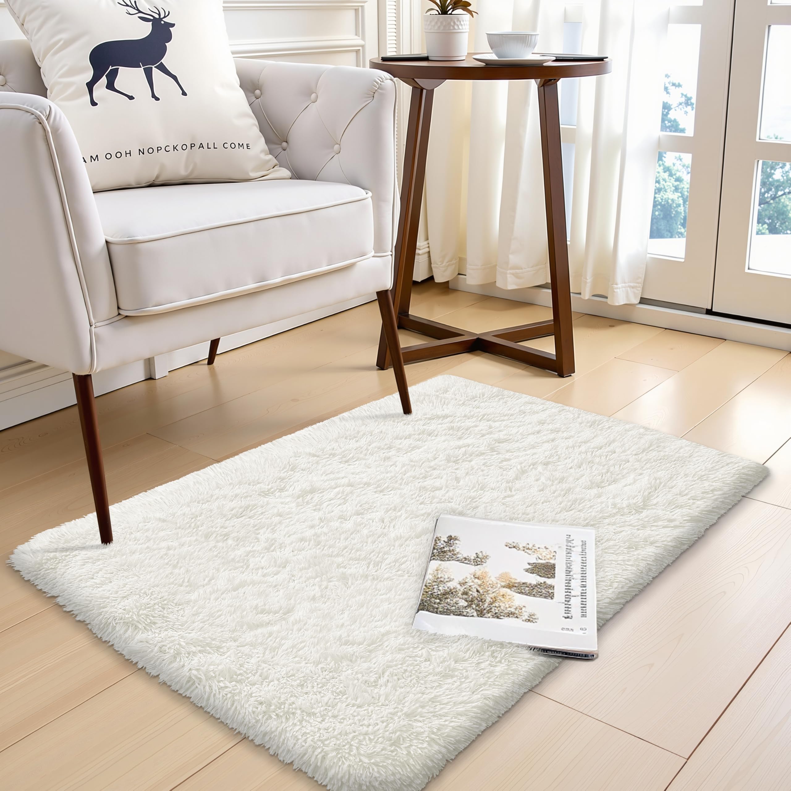 OLANLY 2x3 Machine Washable Small Bedside Rug, Soft Fluffy Shaggy Entryway Throw Rugs for Bedroom, Living Room, Indoor Floor Carpet for Kids Girls and Boys, Nursery Rooms, Home Decor Aesthetic, Ivory