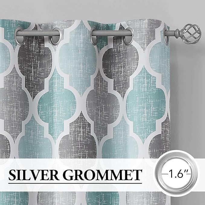 Beauoop 100% Blackout Curtains 96 Inches Long for Patio Sliding Door Aqua Grey Extra Wide Moroccan Geo Room Darkening Thermal Soundproof Room Divider Grommet Window Treatment Drapes,100x96 Set of 1