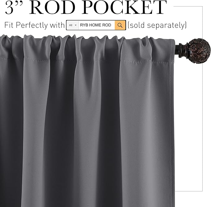RYB HOME Kitchen Blackout Curtains Over Sink 36 inch Length, Rod Pocket Summer Light UV Blocking Energy Efficient, Cabinet Shelf Cupboard Coverings, Width 29 by Length 36, Grey, 2 Panels