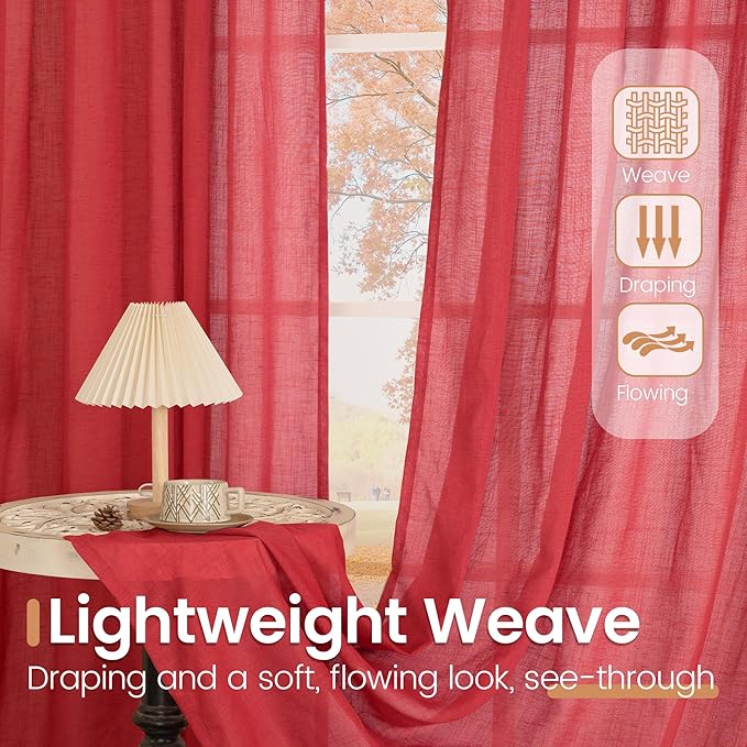BGment Red Linen Curtains 40 Inch Length for Kitchen Window, Short Semi Sheer Drapes with Rod Pocket Light Filtering for Cafe Over Sink Bathroom Lightweight, 2 Panels, Each 30 Inch Wide