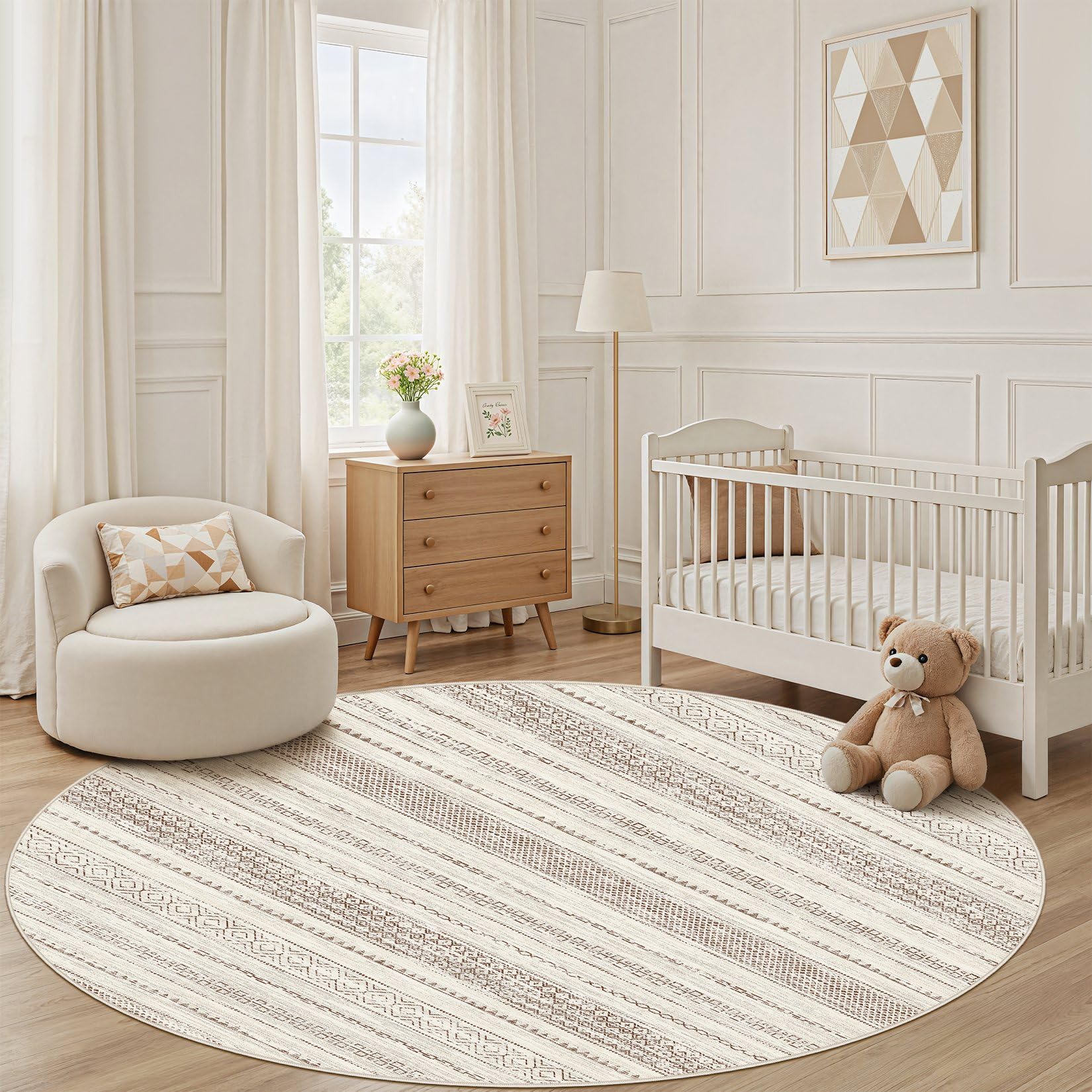 Nakagishi Round Rug Boho Area Rugs: 6x6 Washable Large Circle Neutral Soft Stain Resistant Non-Slip Carpet for Women Aged 25-45 Farmhouse Decor Enthusiasts - Living Room Bedroom Dining Room Nursery