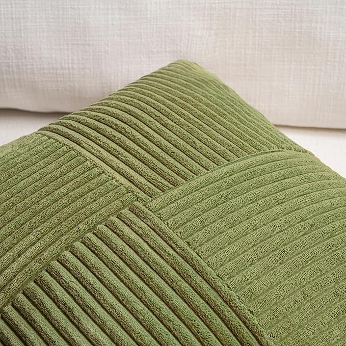Fancy Homi 2 Packs Moss Green Lumbar Decorative Throw Pillow Covers 16x32 Inch for Living Room Couch Bed, Rustic Farmhouse Boho Home Decor, Soft Striped Corduroy Rectangle Accent Cushion Case 40x80 cm