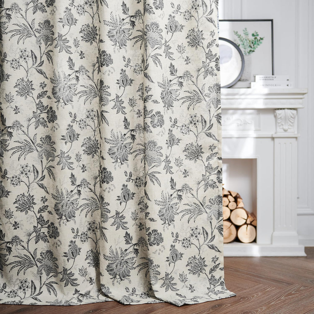 jinchan Linen Floral Curtains for Living Room with Printed Flower 84 Inches Long Light Filtering French Country Back Tab Rod Pocket Black Window Curtain Set Farmhouse Drapes 2 Panels Black