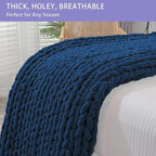 Bigacogo Chunky Knit Throw Blanket for Couch, 40x60 inches, 100% Hand Knitted with Thick Jumbo Chenille Yarn, Cozy Soft Large Rope Knot Cable Crochet Blankets for Sofa Bed Living Room, Navy Blue