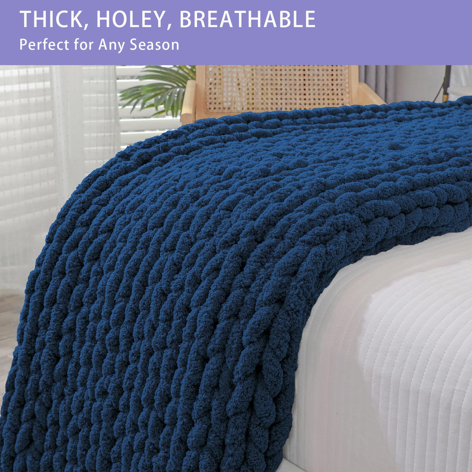 Bigacogo Chunky Knit Throw Blanket for Couch, 40x80 inches, Navy Blue