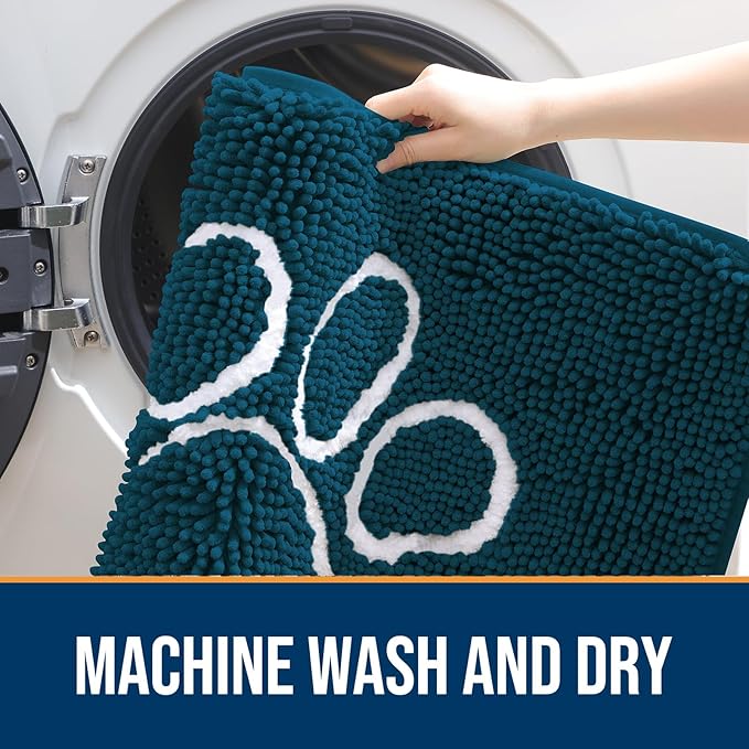 OLANLY Dog Door Mat for Muddy Paws 70x46, Paw Print Design, Absorbs Moisture and Dirt, Absorbent Non-Slip Washable Doormat, Quick Dry Chenille Mud Mat, Entry Indoor Entryway Carpet, Atlantic Blue