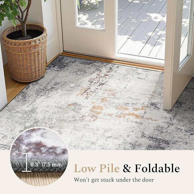 Rugflix 9x12 Area Rugs for Living Room, Washable Large Rug Stain-Resistant Low Pile, Modern Neutral Carpet for Dining Room Home Office Kid Room Nursery Bedroom, Grey Brown