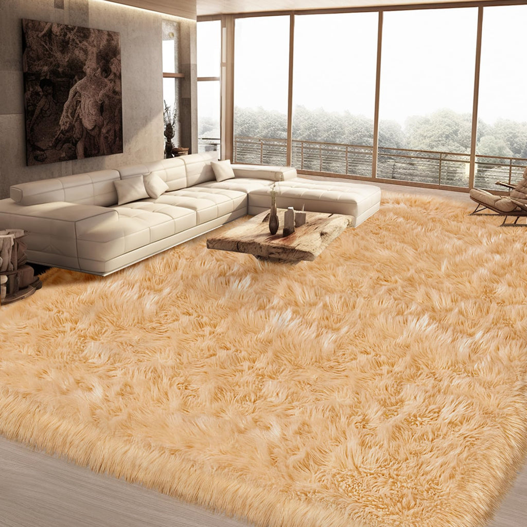 Ciicool Beige Faux Fur Sheepskin Rug 8 x 10 Feet, Large Sofa Fluffy Carpet