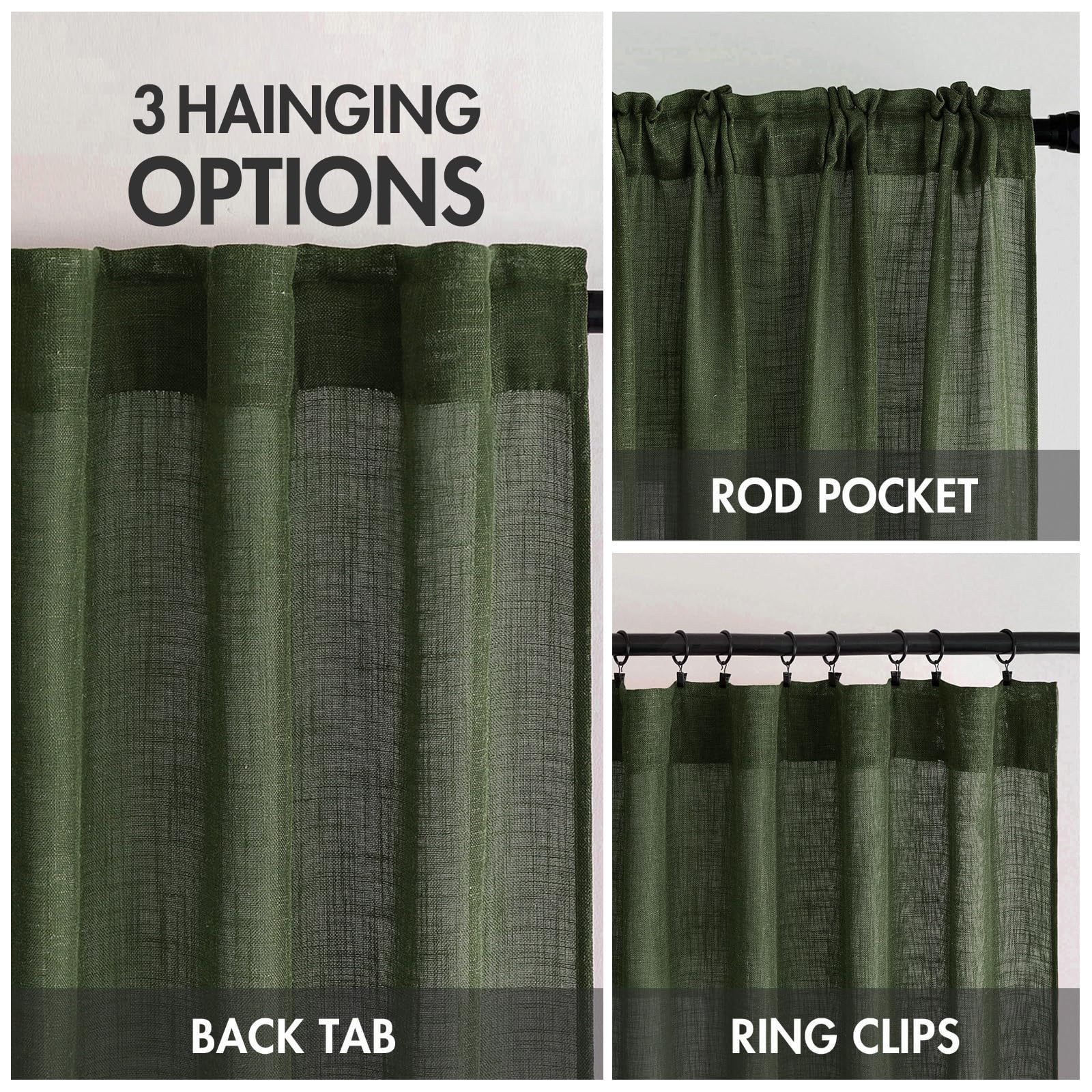 MIULEE Olive Green Linen Curtains 52x72 Inch Length for Bedroom Living Room