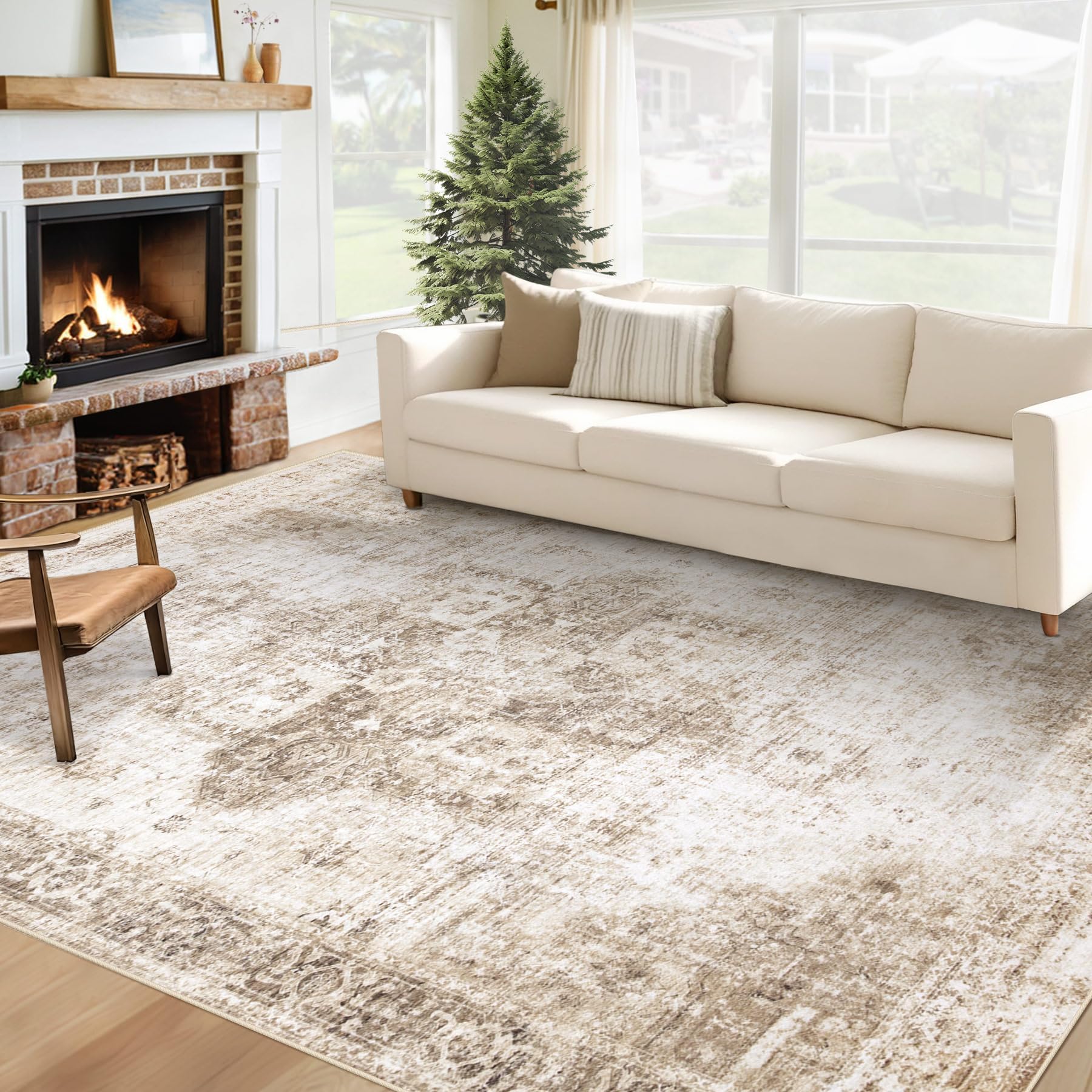 VECARF Area Rug 6x9 Washable Rug, Vintage Boho Medallion Rugs Non-Slip Soft Low Pile Large Distressed Rug Indoor Retro Carpet for Living Room Bedroom Dining Room Home Office (Brown, 6'x9')