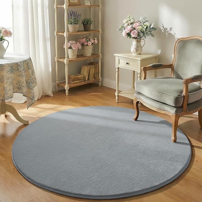Amearea Grey Round Area Rugs 6ft Washable Circle Rugs for Bedroom Living Room, Fluffy Indoor Thickened Memory Foam Rug, Non Slip Minimalist Circular Carpet for Kids Boys Girls Dorm Nursery Room Decor