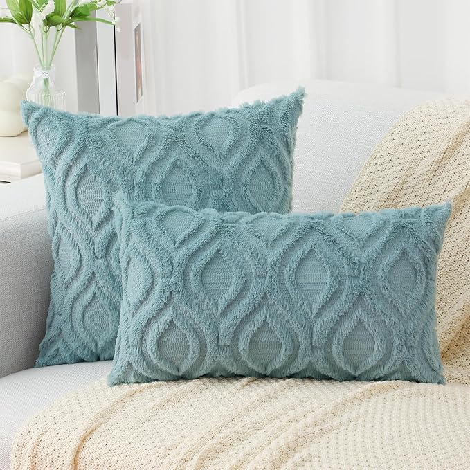 decorUhome Summer Throw Pillow Covers 24x24 Inch Set of 2, Soft Plush Faux Wool Aqua Solid Couch Pillow Covers, Accent Euro Sham Farmhouse Neutral Square Pillow Cases for Sofa Bed Living Room