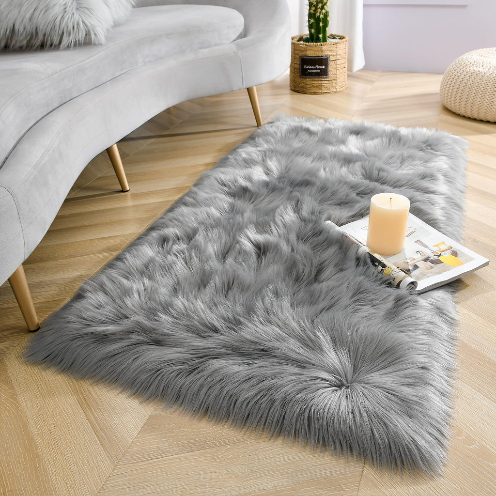 LOCHAS Soft Fluffy Faux Fur Rugs for Bedroom Bedside Rug 2x4 Feet, Grey