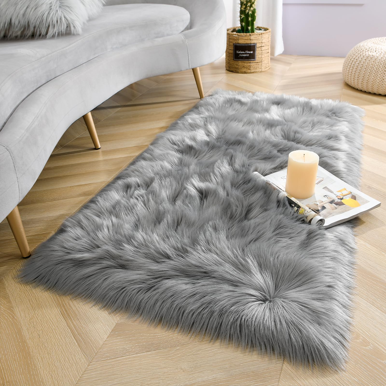 LOCHAS Soft Fluffy Faux Fur Rugs for Bedroom Bedside Rug 2x4 Feet, Grey