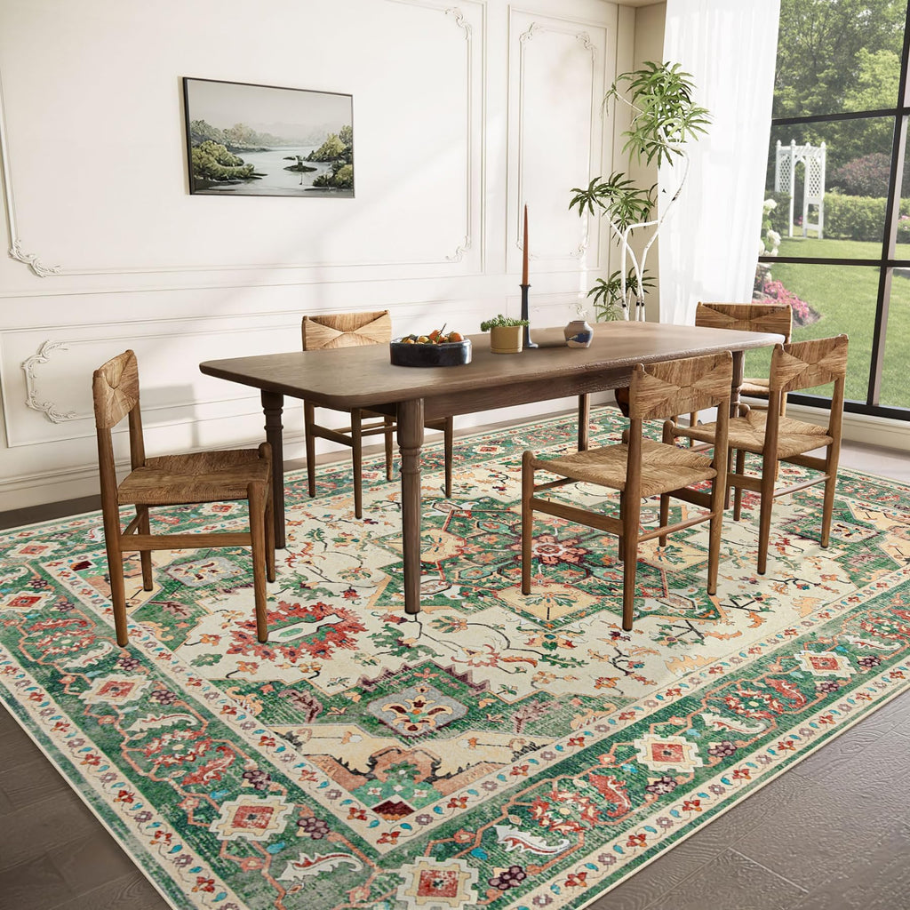 VECARF Area Rug 8x10 Washable Rug, Vintage Boho Medallion Rugs Non-Slip Soft Low Pile Large Distressed Rug Indoor Retro Carpet for Living Room Bedroom Dining Room Home Office (Green Beige, 8'x10')