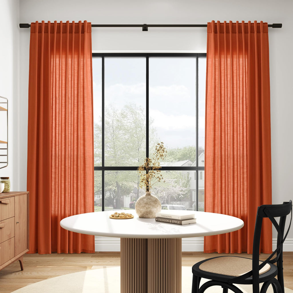 Bright Orange Curtains 63 Inches Long 2 Panel Sets for Living Room Bedroom, Light Filtering Linen Drapes for Kitchen Windows Rod Pocket or Back Tab Curtain,Semi Sheer 52x63