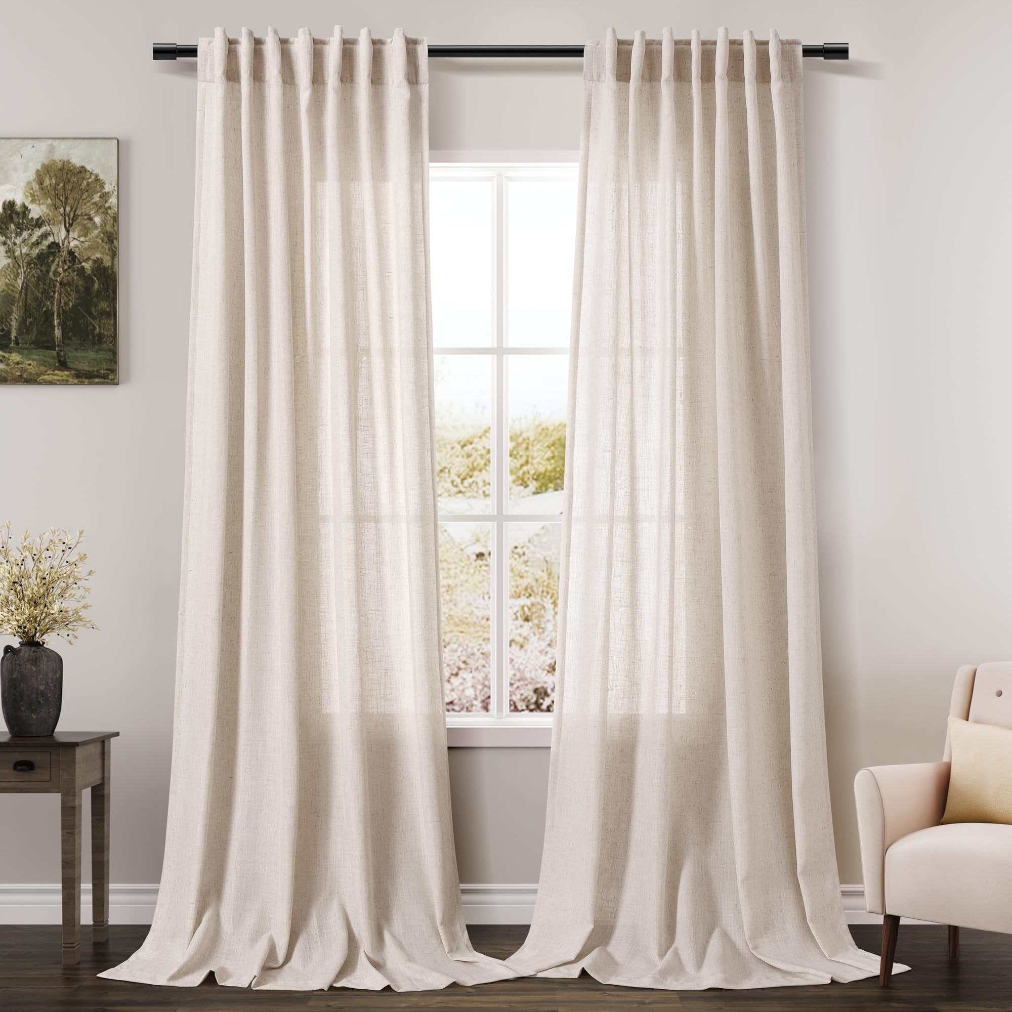 Extra Long Tan Beige Curtains 132 inch Length 2 Panels Set Back Tab Neutral Farmhouse Drapes Light Filtering Semi Sheer Linen Curtain 132 inches Long for Floor to Ceiling Window Patio Sliding Door