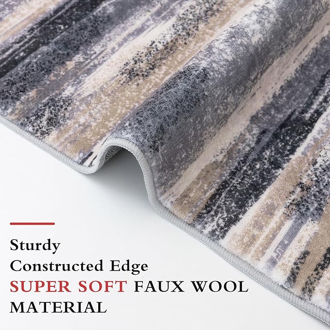 Lansny Modern Abstract Runner Rug 2x12, Grey Black Multi Washable Long Kitchen Runner Non-Slip Soft Hallway Rug Runner Thin Print Faux Wool Carpet for Entryway Bedroom Laundry Room Indoor Home Decor