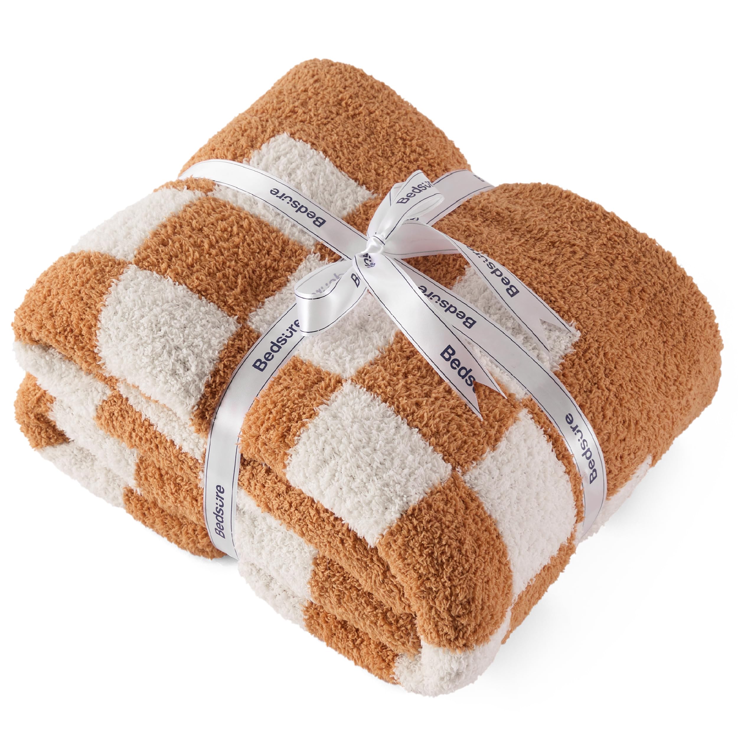 Bedsure GentleSoft Checkered Throw Blanket for Couch - Super Soft Cozy & Warm Knit Burnt Orange Blanket, Breathable, Lightweight & Fluffy Plaid Blankets for Bed, Sofa, Gifts for Women, 50x60 Inches