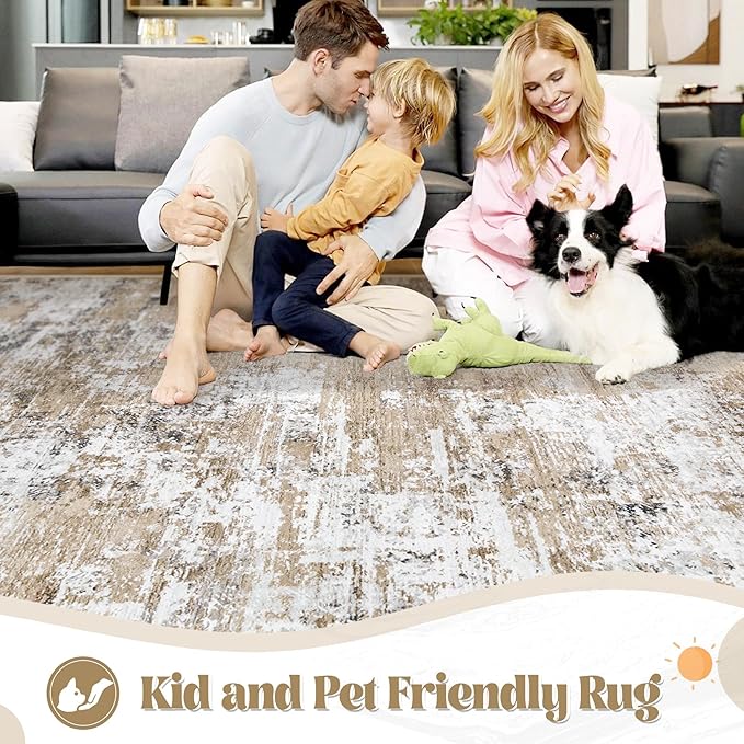 XLUEZ 10x14 Area Rugs for Living Room, Washable Modern Abstract Large Area Rug Neutral Soft Non Slip Kids Rug Stain Resistant Indoor Carpet for Bedroom Dining Room Playroom Home Office(Beige, 10'x14')