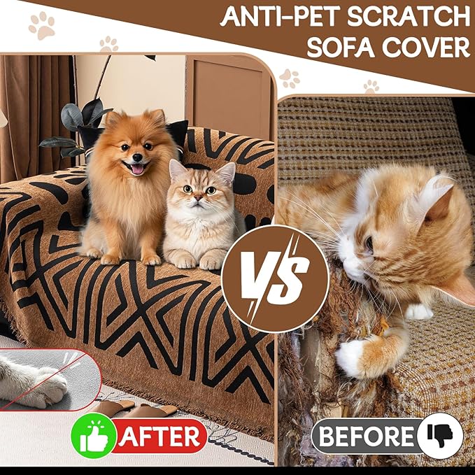 HANDONTIME Boho Couch Cover Geometric Striped Pet Covers for Couches and Sofas Copper Brown and Black Dog Cover for Couch Pet Friendly Chenille Sectional Sofa Covers for Pets Washable, 71" X 150"