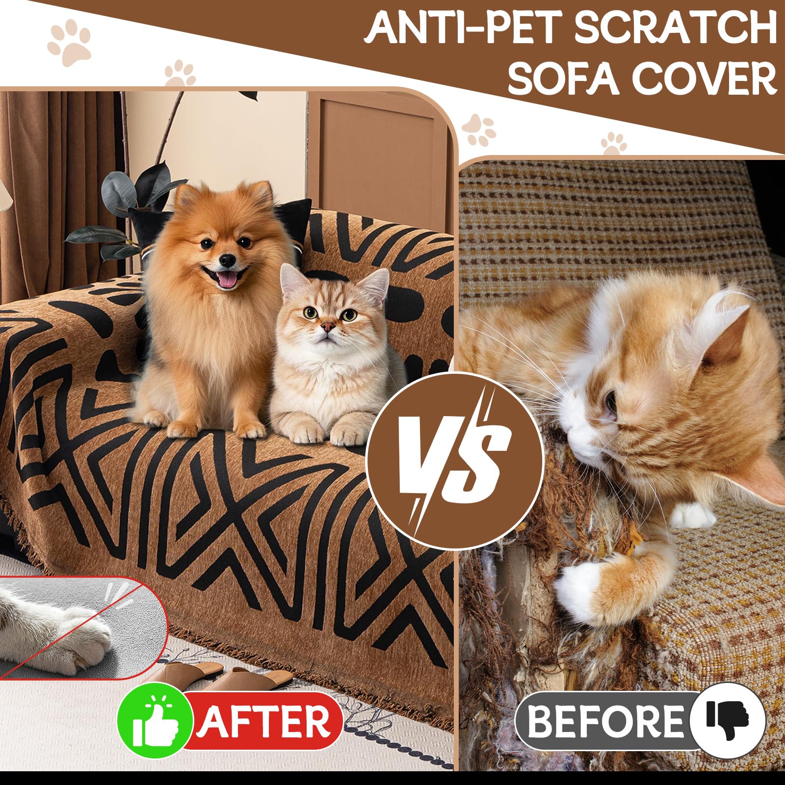 HANDONTIME Boho Couch Cover Geometric Striped Pet Covers for Couches and Sofas Copper Brown and Black Dog Cover for Couch Pet Friendly Chenille Sectional Sofa Covers for Pets Washable, 71" X 134"