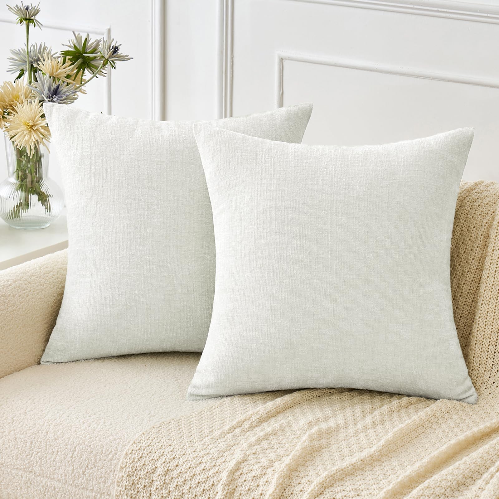 MIULEE Soft Chenille Throw Pillow Covers White 18x18 Inch Pack of 2