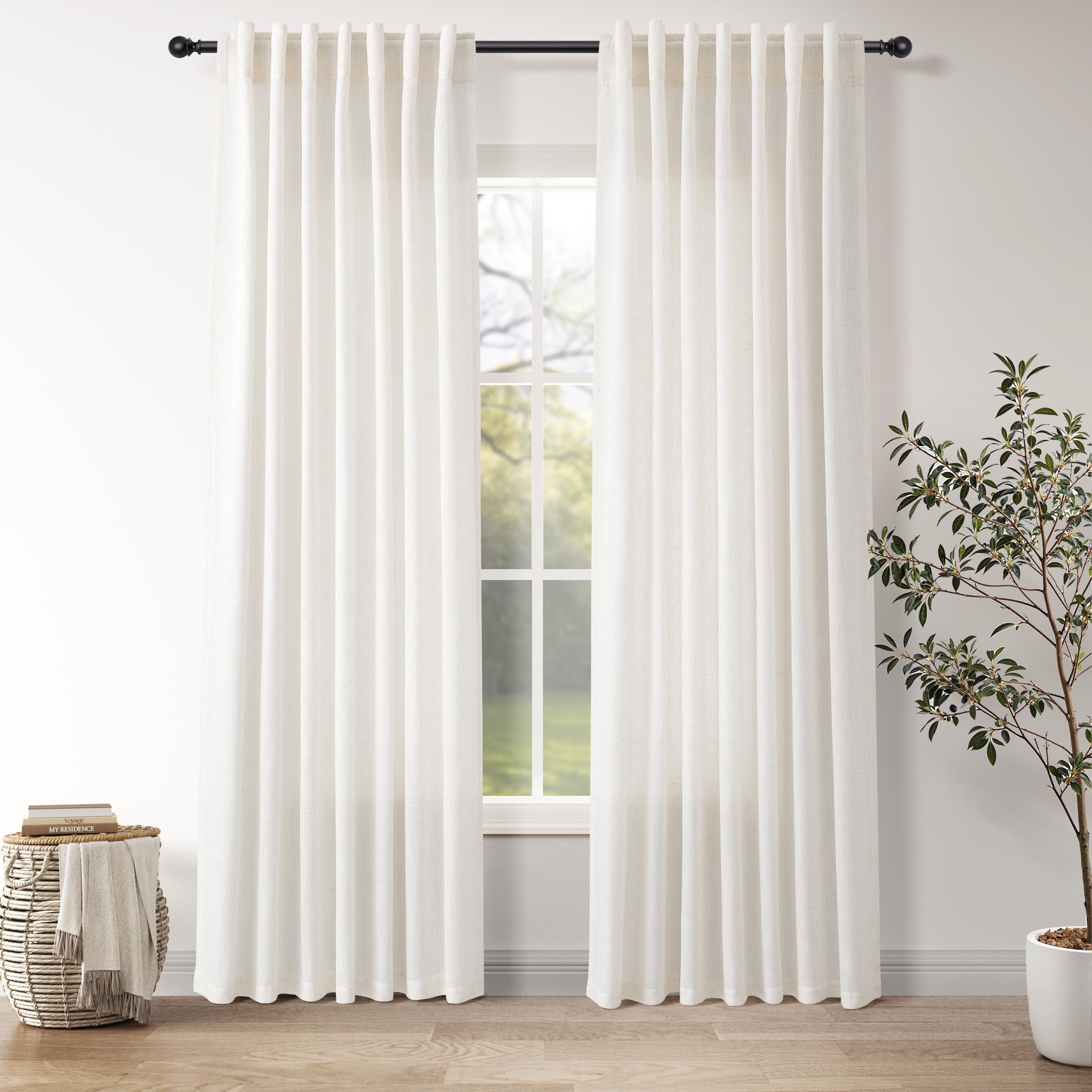 Ivory White Linen Back Tab Curtains 84 Inch Length for Bedroom/Living Room 2 Panel Set Neutral Modern Farmhouse Window Privacy Semi Sheer Linen Drapes Rustic Pinch Curtain Ivory 52X84