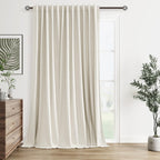 Guken Extra Wide 100% Blackout Linen Curtains for Bedroom 96 Inch Long Ceiling to Floor 8 FT Natural Cream Black Out Curtain Back Tab Room Darkening Window Drapes 1 Panel Beige Ivory 100x96