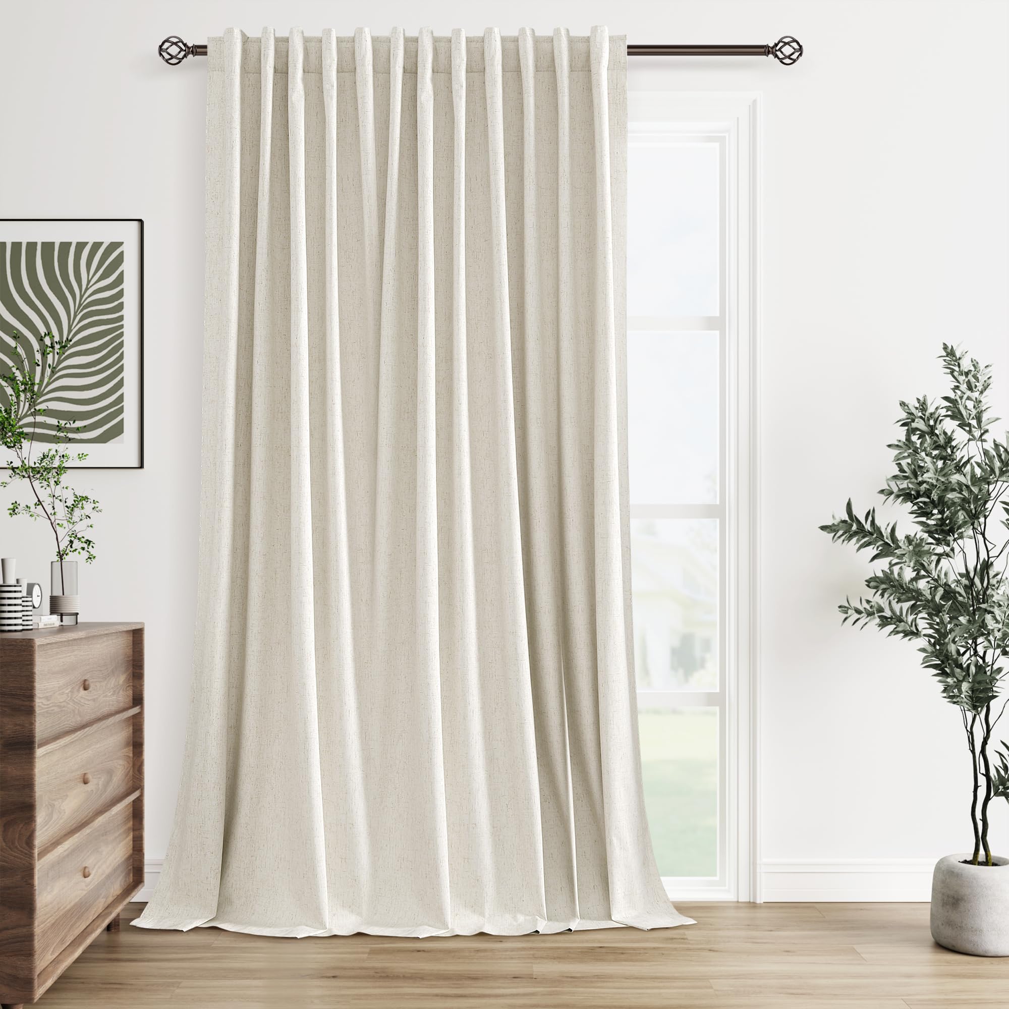 Guken Extra Wide 100% Blackout Linen Curtains for Bedroom 96 Inch Long Ceiling to Floor 8 FT Natural Cream Black Out Curtain Back Tab Room Darkening Window Drapes 1 Panel Beige Ivory 100x96