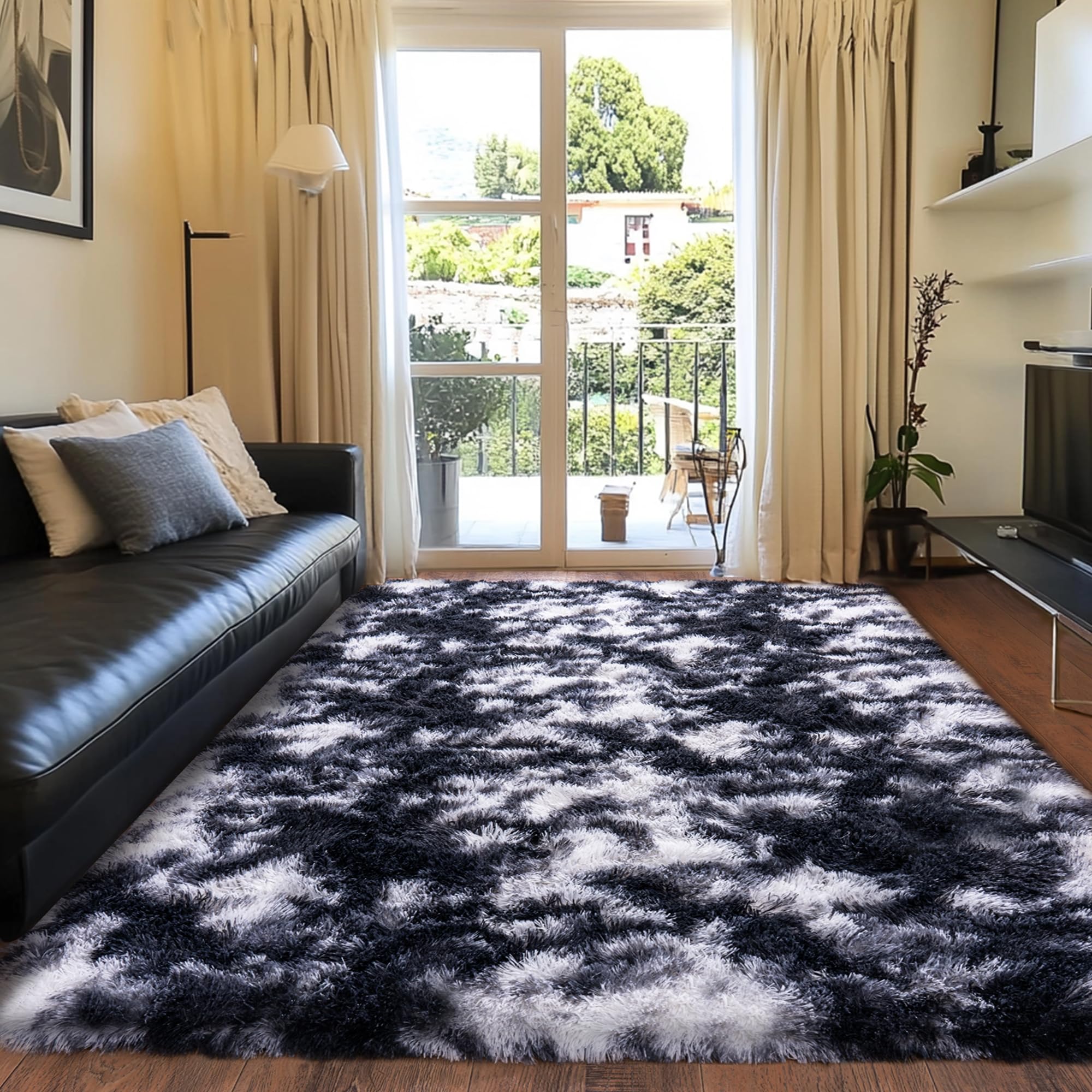 Quntue Black and White Rug for Living Room, 6x9 Area Rug for Bedroom, Bedside Indoor Floor Fluffy Shag Carpet, Plush Soft Rug for Boys Girls Kids Room Nursery Dorm Home Decor