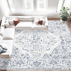 8x10 Area Rugs for Living Room: Washable Rug Vintage Large Rugs Soft Non Slip Low Pile Rug Floral Distressed Floor Carpet for Bedroom Kitchen Nursery Dining Room Home Office (Blue, 8'x10')