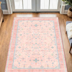 Hazo Haus Nursery Area Rug 4x6 - Pink Rugs for Girls Bedroom, Living Room - Washable Low Pile Non-Slip Charming Boho Vintage Traditional Oushak Design, Perfect for Kids Rooms