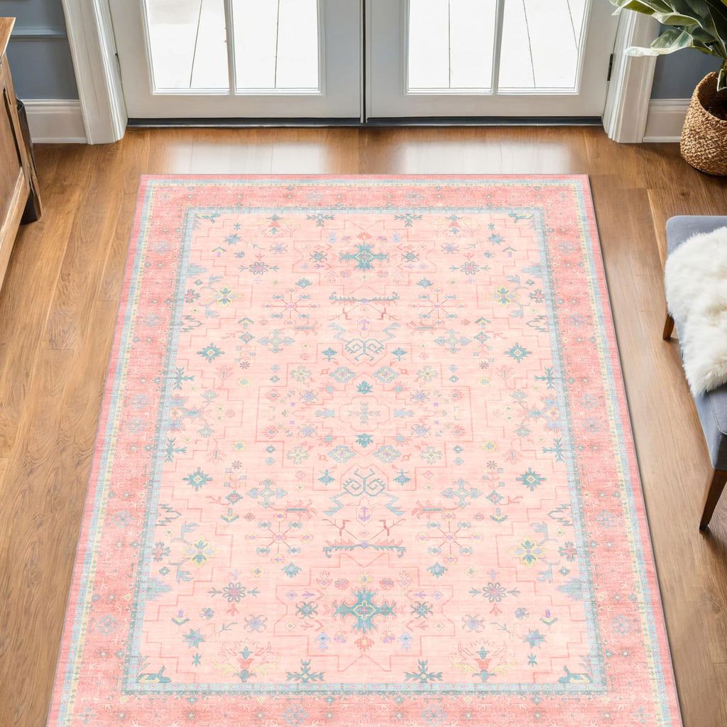 Hazo Haus Nursery Area Rug 4x6 - Pink Rugs for Girls Bedroom, Living Room - Washable Low Pile Non-Slip Charming Boho Vintage Traditional Oushak Design, Perfect for Kids Rooms