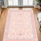 Hazo Haus Nursery Area Rug 4x6 - Pink Rugs for Girls Bedroom, Living Room - Washable Low Pile Non-Slip Charming Boho Vintage Traditional Oushak Design, Perfect for Kids Rooms