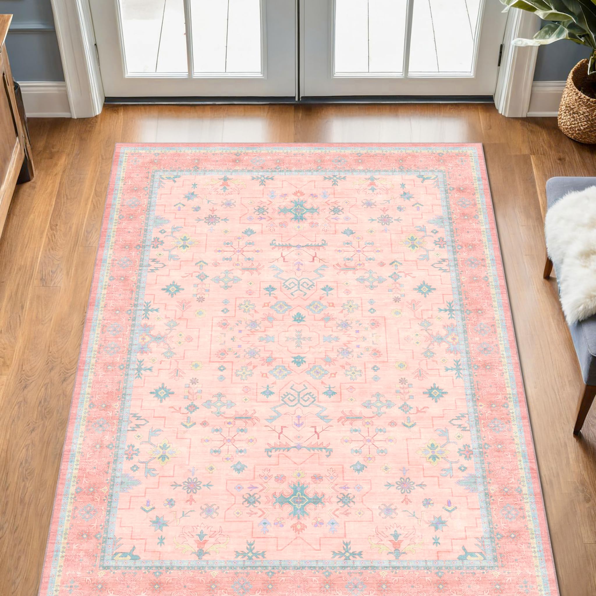 Hazo Haus Nursery Area Rug 4x6 - Pink Rugs for Girls Bedroom, Living Room - Washable Low Pile Non-Slip Charming Boho Vintage Traditional Oushak Design, Perfect for Kids Rooms